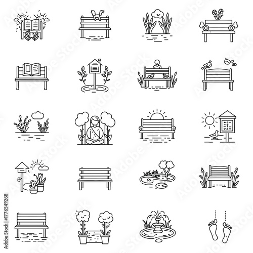 park bench icons a collection of outdoor benches nature elements and park scenes perfect for illustrating tranquility leisure recreation and nature.