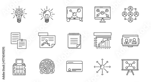 business strategy illustrating planning data analysis and team collaboration ideal for presentations on solutions and marketing strategy.