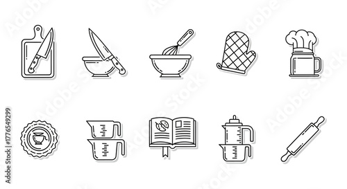 kitchenware icons cooking utensils illustrations perfect for culinary blog recipe website design showcasing baking tools chef hat promoting food preparation