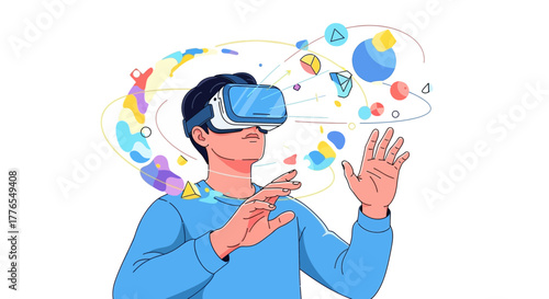 Immersive VR experience with vibrant abstract shapes creates a futuristic, engaging, interactive reality for gaming, design, or collaboration possibilities