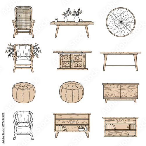 furniture arrangement cozy armchair pouf and wooden console illustrations offering interior design ideas in a comfortable home setting for lifestyle blogs