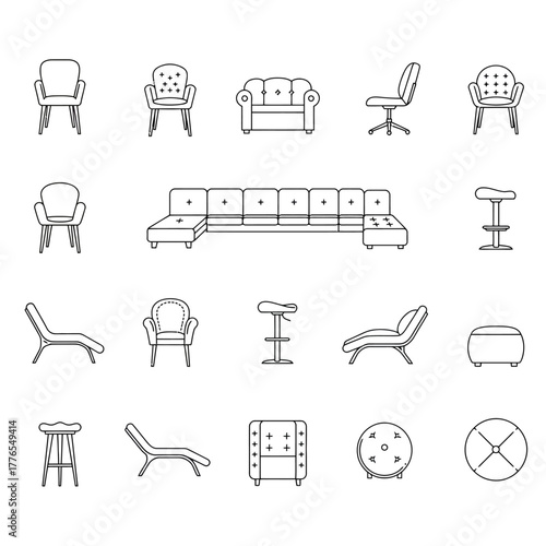 furniture illustration showcasing sofa chair designs in a clean minimalist style ideal for interior design blogs furniture store advertising and architectural visualization.