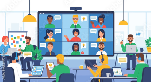 Engaging virtual meeting with diverse team members collaborating online, fostering remote teamwork and connection for successful business outcomes in modern workspace
