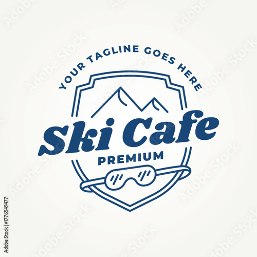 minimalist ski cafe line art icon badge logo vector illustration design. simple modern ski resort cafeteria logo concept