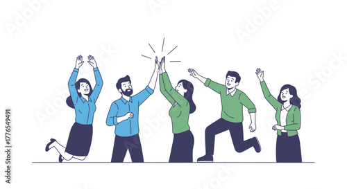 Dynamic team celebrating success with high fives and jumping for joy, embodying collaboration and achievement in a modern business setting, originally from a vector graphic