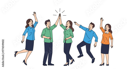 Dynamic team celebrates success with high five, radiating positivity and teamwork, symbolizing collaboration and achievement in a modern workplace environment