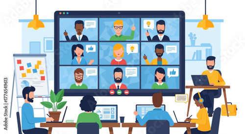 Diverse team collaboration online in a modern virtual meeting, people connecting from home offices discussing project strategy and sharing ideas remotely