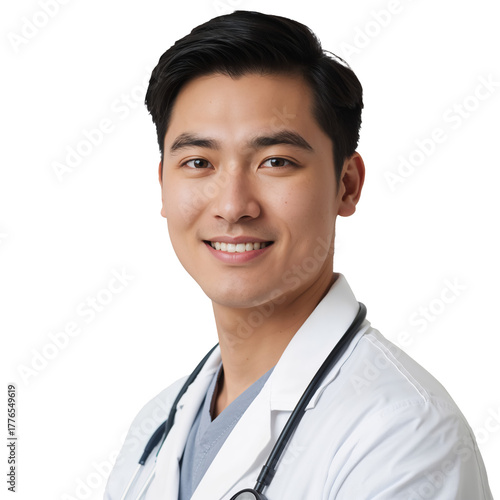 Doctor Smiles Confidently While Wearing a Lab Coat and Stethoscope in a Profe...