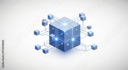 Futuristic technology network with glowing cube connections showcases modern innovation, data connectivity, and advanced digital solutions for tech businesses