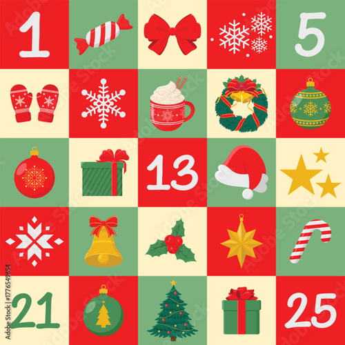 Colourful Christmas Holiday Advent Calendar Vector Illustration.