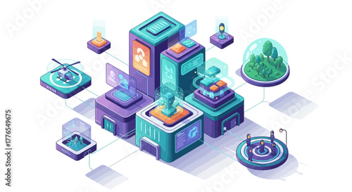 Futuristic isometric network connecting diverse elements, symbolizing innovation, technology, and interconnected systems for modern business solutions