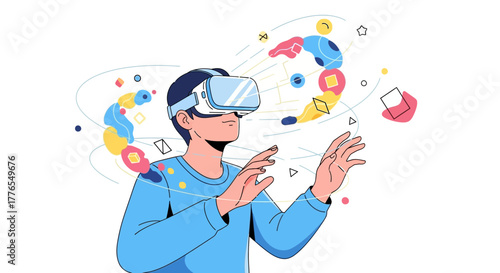 Immerse Yourself in the Metaverse A young person exploring a virtual world with VR headset, engaging with floating geometric shapes, futuristic technology