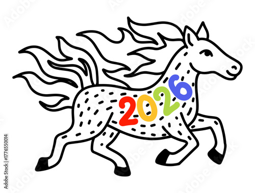 A running fiery horse is a symbol of the coming New Year 2026 drawn in doodle style.