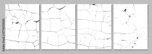 Set of distressed backgrounds with old wall cracks. Grunge monochrome vector overlay effect for aged dry surface look. Cracked texture