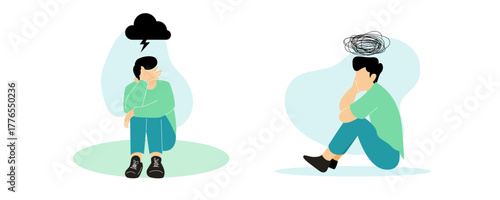 mental health illustration. character with anxiety and stress emotion