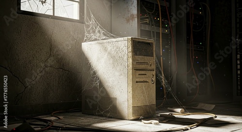 Abandoned computer covered in cobwebs in a dilapidated room