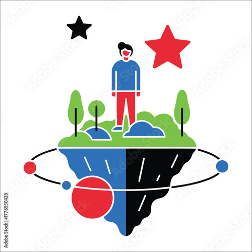Person on divided floating island with stars and planets Keywords: floating island, person, man