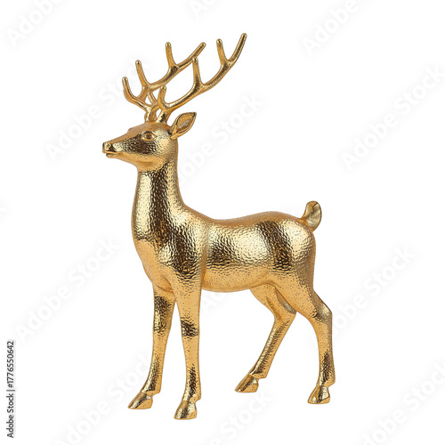 Golden Decorative Deer Sculpture Standing on a White Background for Home Deco...