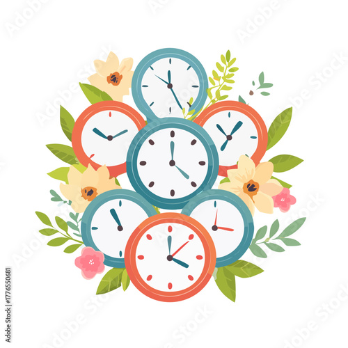 Floral Clock Vector Illustration — Springtime Clock Designs with Flowers and Pastel Botanical Elements