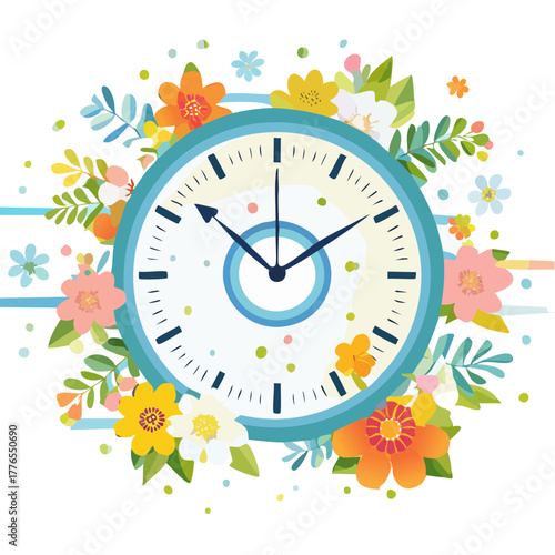 Floral Clock Vector Illustration — Springtime Clock Designs with Flowers and Pastel Botanical Elements
