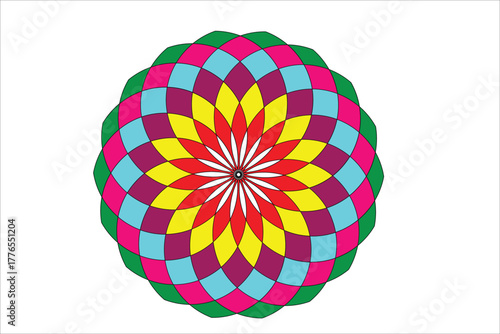 Intricate circular mandala design with vibrant color palette and geometric patterns