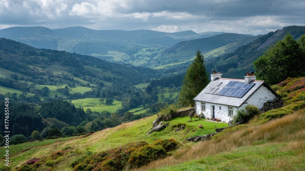 Obraz premium Sustainable cottage overlooking green valley landscape