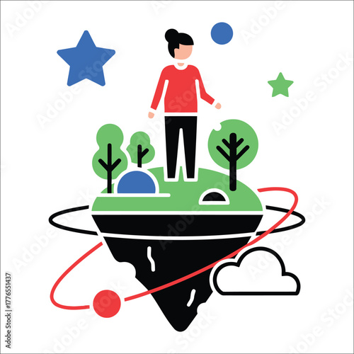 Person standing on floating island with stars and planets Keywords: floating island, person, man