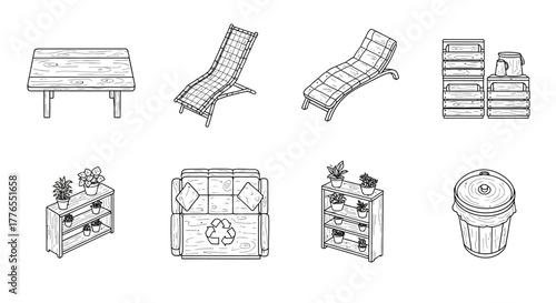 furniture illustration outdoor living and sustainable decor showcasing recycled couch and garden shelves ideal for home design and environmental content.