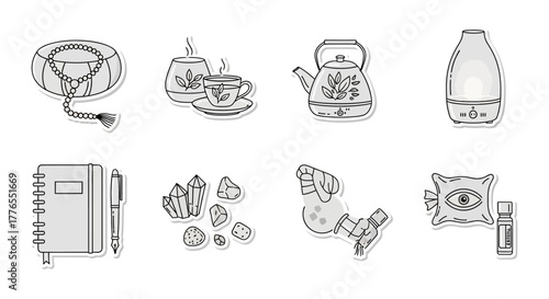 mindfulness and meditation practices cushion tea crystals and essential oils for relaxation perfect as wellness content and spiritual retreats