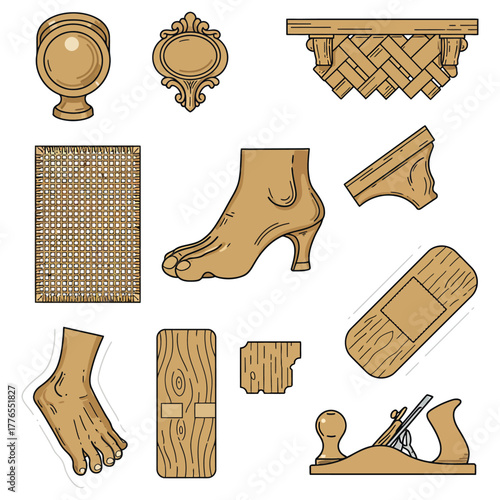 carpentry design elements variety of wooden crafted pieces for woodworking and furniture projects showcasing vintage and modern artistic expression.