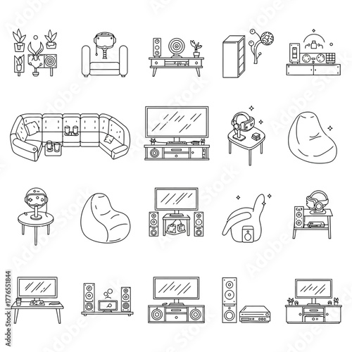 gaming room decor showcasing stylish home entertainment setups with beanbags and sleek audio systems ideal for tech enthusiasts and modern interiors