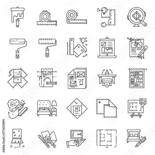 interior design planning icons showcasing renovation furniture and blueprints for architectural projects aimed at home improvement and creativity