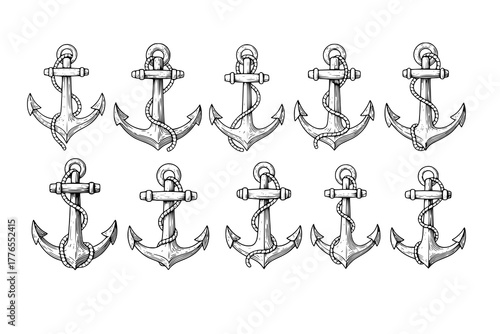 Set of Anchors Clip-Art Collection: Vector Illustration of Classic Retro Nautical Anchor in Engraving Technique, Marine, Sailing, Sea.
