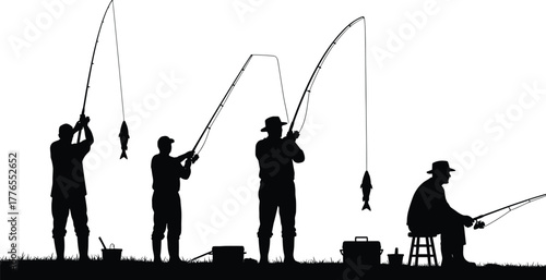Silhouette fishermen catching fish with rods, outdoor fishing activity on grass, tackle gear, seated angler, recreational sport vector illustration