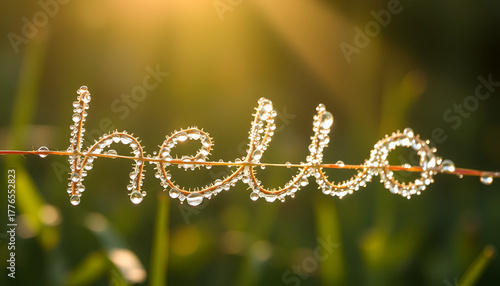 “Hello” Written in Dew Drops on Grass at Sunrise, Nature’s Greeting with Sunlit Morning Dew on Blade of Grass