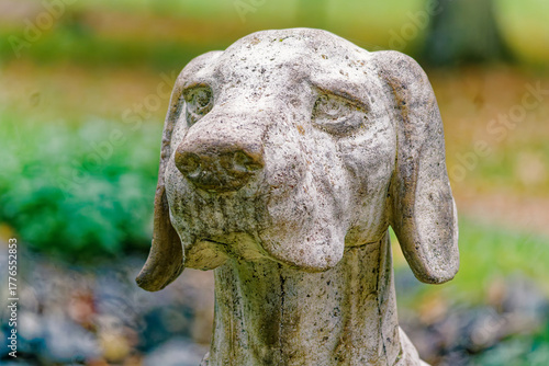 Hunting Dog Sculpture, Jagdhund Skulptur, Canis lupus familiaris, head portrait, Tambach Wildlife Park, Tambach, Germany