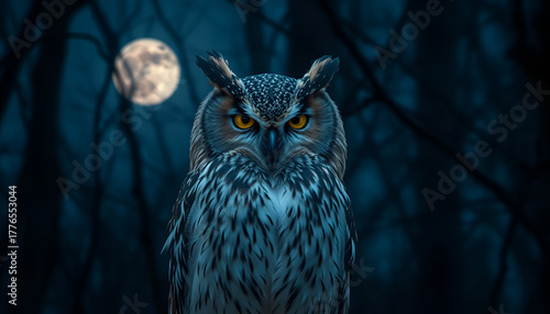 Majestic Owl Staring Intently Under Full Moon in Dark Forest, Mysterious Night Predator with Glowing Eyes in Moonlit Woods