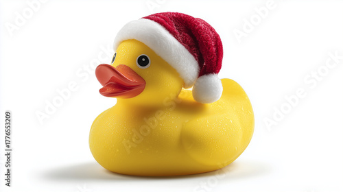 Rubber duck wearing a Santa hat and glistening with tiny water droplets
