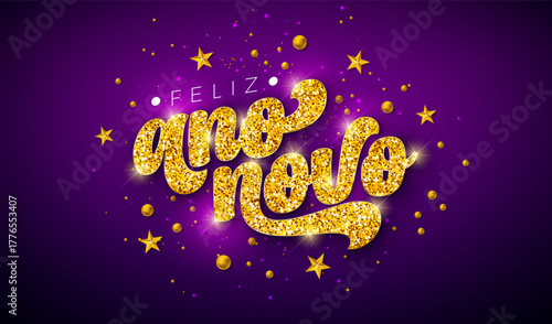 Happy New Year Banner with Gold Glitter Typography Lettering on Shiny Christmas Ornament Background. Feliz Ano Novo Portuguese Language Vector Christmas Holiday Illustration for Greeting Card