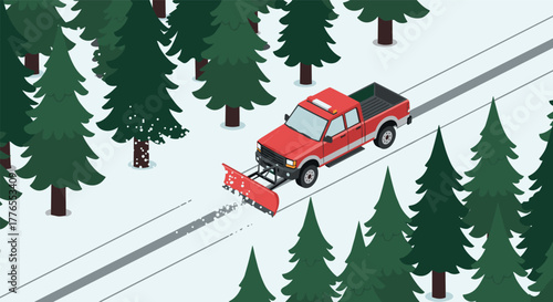 Isometric red truck plowing snowy forest pathway with pine trees