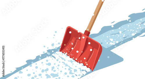 Red snow shovel in action clearing path with winter snow removal tool