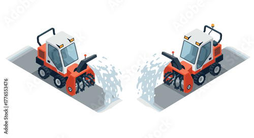 Isometric snow plow trucks clearing road with dynamic water flow