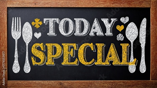Today special chalkboard sign with spoon and fork illustration on blackboard background for restaurant menu