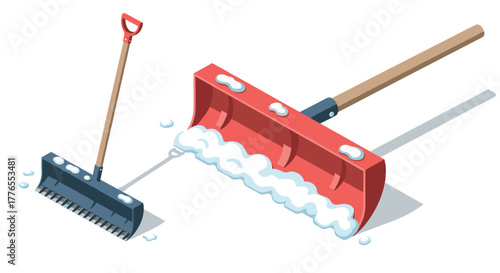 Isometric snow removal tools with shovel and rake on white background