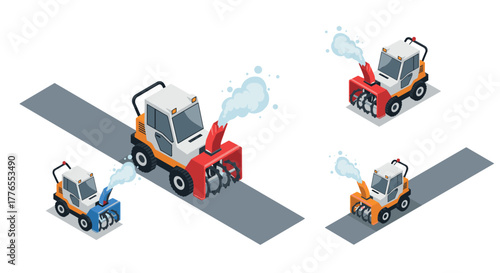 Isometric snow plow machines clearing road in various colors and sizes