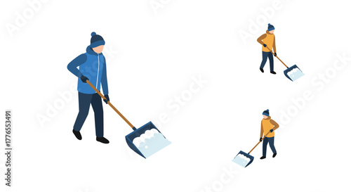 Isometric winter shoveling people clearing snow in cold weather attire