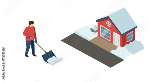 Winter snow removal man shoveling driveway next to cozy house isometric scene