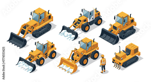 Construction machinery set in isometric style featuring bulldozers and tractors with snow plows