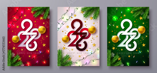 2026 Happy New Year Greeting Card Clipart Set Design with Cut Out Typography Number, Golden Christmas Ball and Light Garland on Red, White and Green Background. Holiday Illustration with Christmas