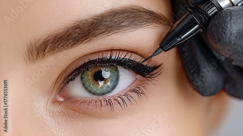 Close up of black eyeliner tattoo procedure performed by professional artist using cosmetic machine